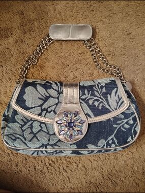 Lulu Vintage Blue Floral Embellished Chain-Handle Clutch
